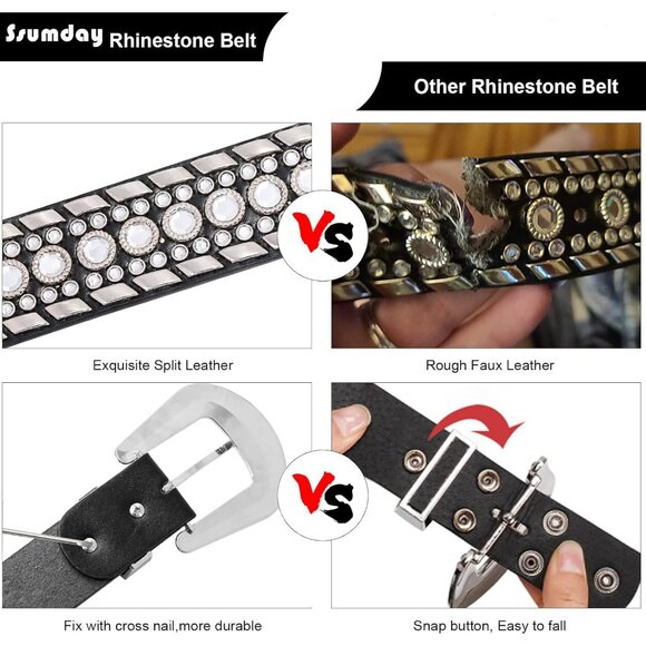 Leather Belt Rhinestone Bling Studded 1.5" Unisex Fashion Silver Buckle - Picture 6 of 6